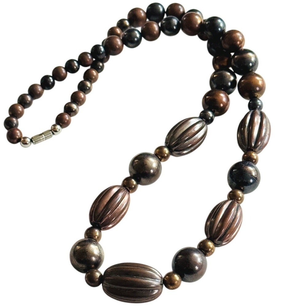 VTG Beaded metal MOD Necklace MCM Brass copper Collar silver tone rare 22"
